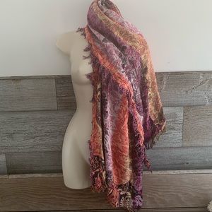 Paisley and floral print scarf in purples, orange, gold, browns 79” x 26”